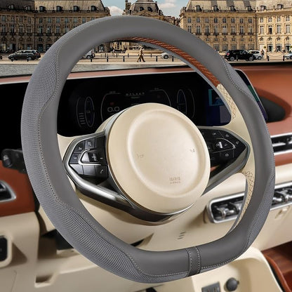 Nappa Leather Gray D Shape Steering Wheel Cover, Advanced Microfiber Leather Non-Slip Breathable Fabric, Warm in Winter and Cool in Summer, Universal 15 inch
