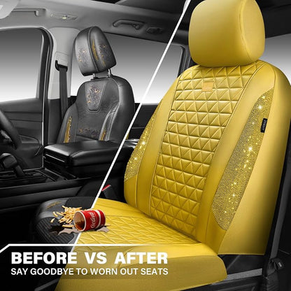 CAR PASS Yellow Bling Diamond Leather Car Seat Cover Full Sets,Waterproof Shining Glitter Sparkly Crystal Universal Fit for Automotive Truck SUV Cute Women Girl Airbag Compatable,All Yellow Rhinestone