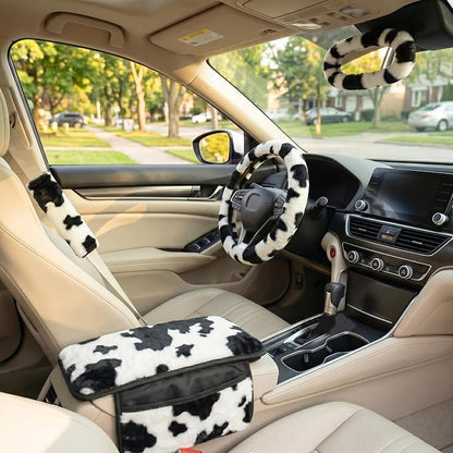 5 Pcs Fuzzy Animal Print Car Accessories Set, Soft Fluffy Plush Steering Wheel Cover, Center Console Armrest Pad & Rearview Mirror Cover - Interior Decorations for Women,Universal Fit (Cow Print)