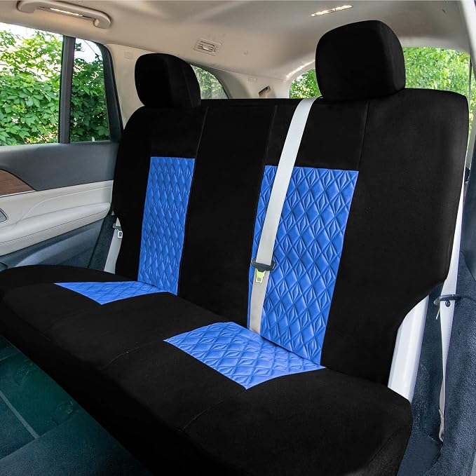Universal Fit Diamond Stitched Flat Cloth Car Seat Covers Full Set - Blue