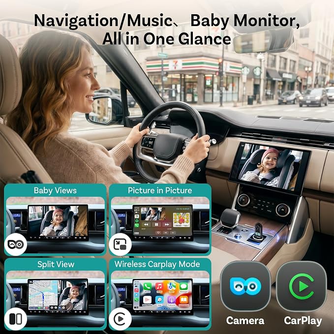 OTTOCAST Cabin Care 2-in-1 Baby Car Camera & Wireless CarPlay Adapter, 1080P Rear Seat View on Car Screen, No Extra Screen, No-Glow Night Vision, 150° Wide Angle, Easy Install, No Android Support