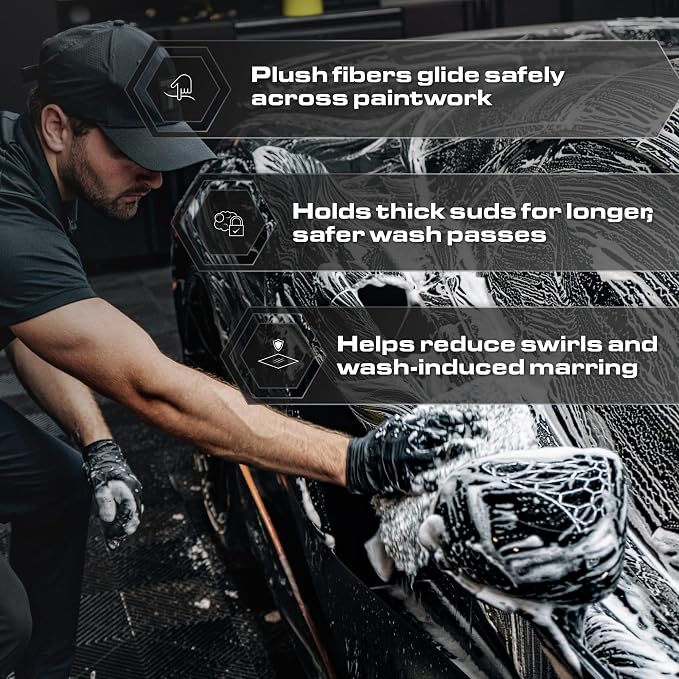 Blackline Microfiber Automotive Wash Mitt -Premium Scratch Free Wash Mitt for Car Cleaning|Car Detailing Accessory Works with Bucket, Car Shampoo, or Foam Cannon | 70%/30% Microfiber Blend, 9"x11"