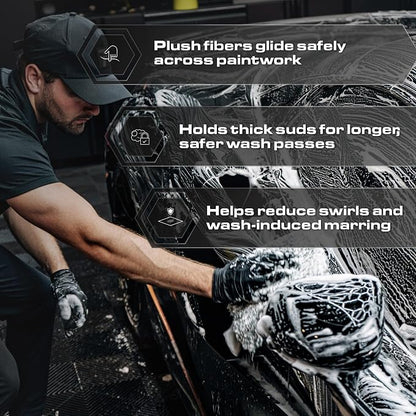 Blackline Microfiber Automotive Wash Mitt -Premium Scratch Free Wash Mitt for Car Cleaning|Car Detailing Accessory Works with Bucket, Car Shampoo, or Foam Cannon | 70%/30% Microfiber Blend, 9"x11"