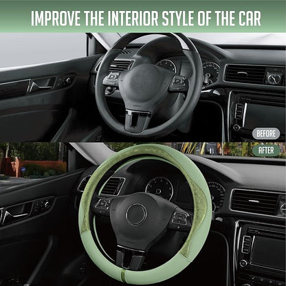 PIC AUTO Steering Wheel Cover, Green Patterned Leather Patchwork Design, Universal Fit 14.5"–15.5", Anti-Slip, Odor-Free, Soft PU Grain Leather, Durable Grip Car Accessory for Girls & Women
