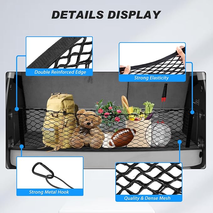 Cargo Net for Chevy Tahoe/GMC Yukon/Suburban 2015-2020, Karltys Trunk Net for Chevrolet Tahoe Accessories Envelope Style Netting with Metal Hooks, Highly Elastic Trunk Cargo Organizer for Yukon