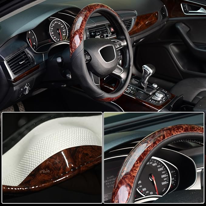 KAFEEK 16 inch Wood Grain Steering Wheel Cover, Compatible for F150 F250 F350 Ram 4Runner Tacoma Tundra Range Rover