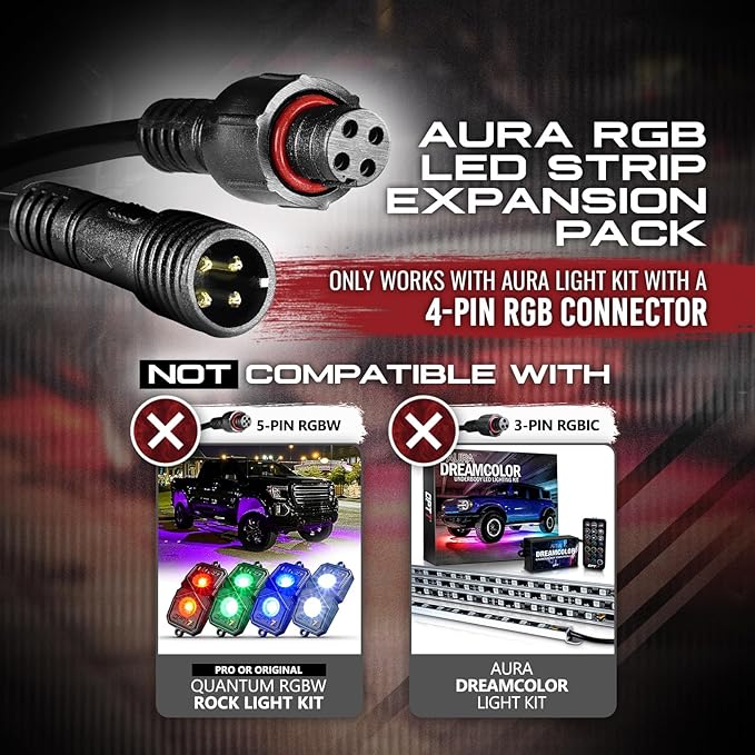 OPT7 Aura Single Row Expansion Pack - 2pc 12” RGB Multicolor LED Strips w/Splitters and Extension Wires for Interior, Wheel Well, Grille, Golf Cart, Car, Boat Underglow Lights
