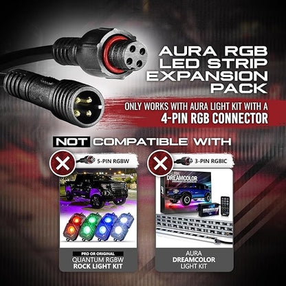 OPT7 Aura Single Row Expansion Pack - 2pc 12” RGB Multicolor LED Strips w/Splitters and Extension Wires for Interior, Wheel Well, Grille, Golf Cart, Car, Boat Underglow Lights