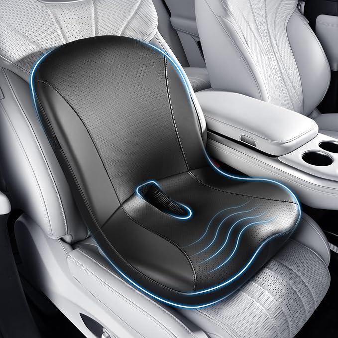 Coverado Car Seat Cushion and Lumbar Support Pillow One Piece, Napa Leather Memory Foam Ergonomic Back Support Driving Seat Cushion for Back Pain, Non-Slip Washable Cushion for Car, Driver, Office