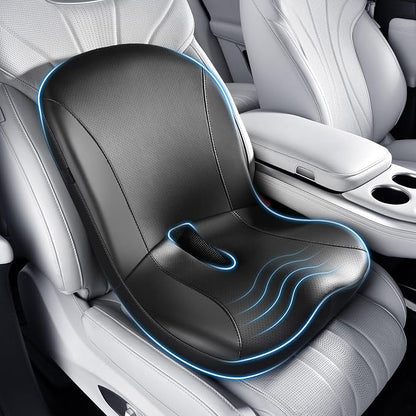 Coverado Car Seat Cushion and Lumbar Support Pillow One Piece, Napa Leather Memory Foam Ergonomic Back Support Driving Seat Cushion for Back Pain, Non-Slip Washable Cushion for Car, Driver, Office