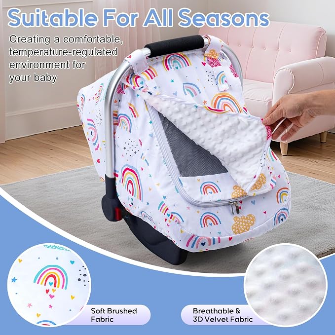 Car Seat Cover Baby Girls, Infant Car Seat Cover for Outdoor, Breathable Carseat Cover with Privacy Sun Shade & Mesh Window for Summer, Easy Access Baby Carrier Cover Fit Baby Stroller