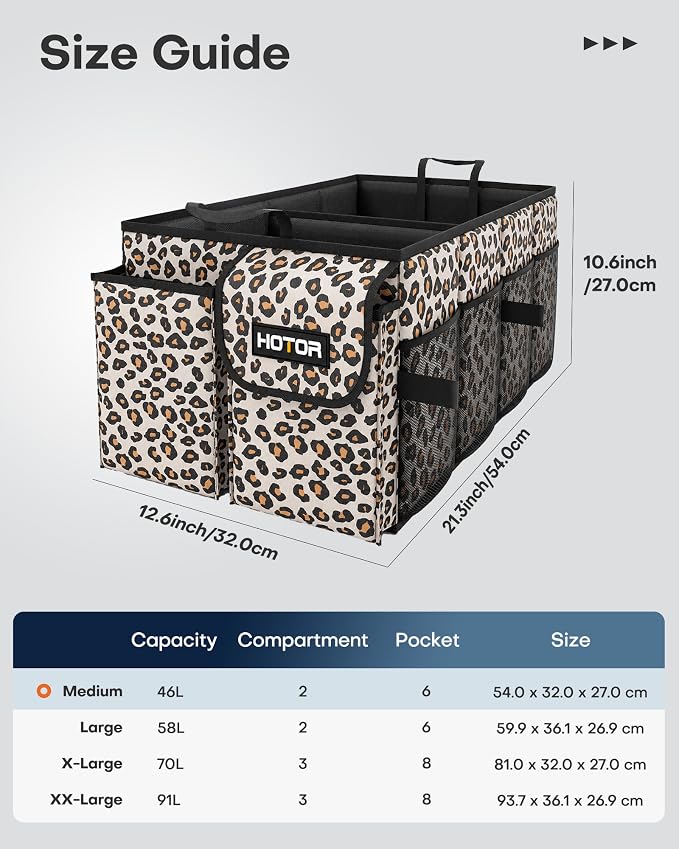 HOTOR Trunk Organizer - Car Organizer, Foldable Trunk organizer for SUVs & Sedans, Sturdy Car Organization for Car Accessories, Tools, Sundries, Brown Leopard, 2 Compartments, 21.3"×12.6"×10.6"