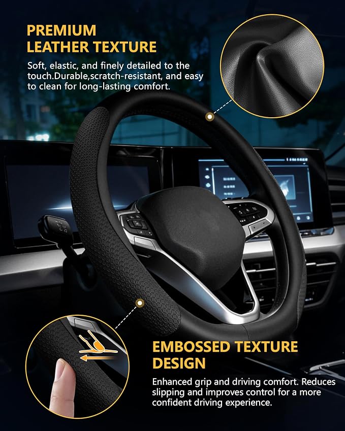 Car Leather Steering Wheel Cover, Genuine Embossed Leather with Anti-Slip Lining, Universal 15 Inch, Fits SUVs, Vans, Sedans, Trucks, Black
