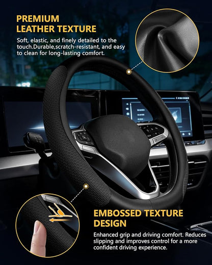 Car Leather Steering Wheel Cover, Genuine Embossed Leather with Anti-Slip Lining, Universal 15 Inch, Fits SUVs, Vans, Sedans, Trucks, Black