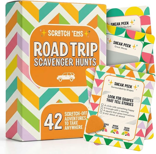 Scratch 'Ems Road Trip Scavenger Hunt Cards with 42 Reusable Scratch Off Travel Games for Kids & Families, Road Trip Essentials for Screen-Free Car Adventures