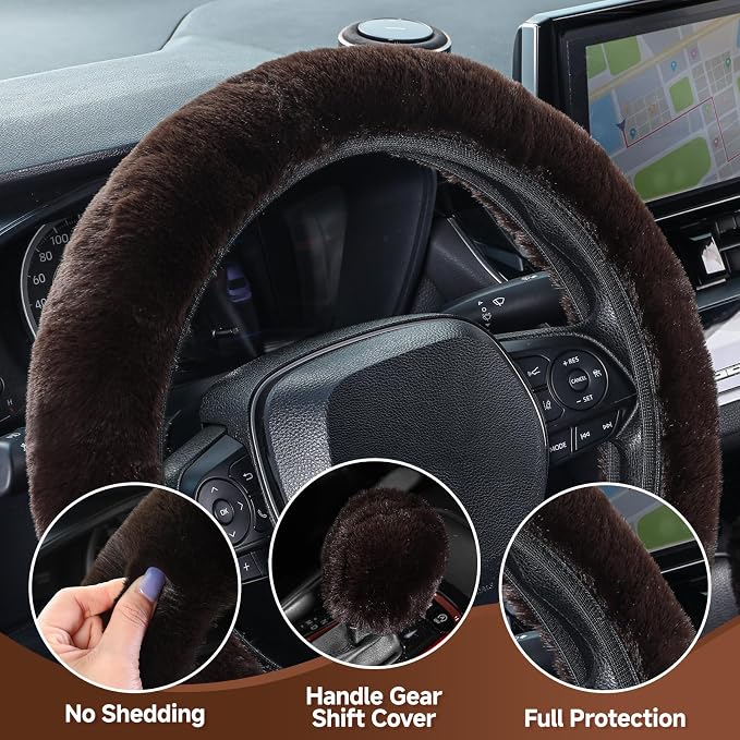SEG Direct Furry Car Steering Wheel Cover with Gear Shift Cover, Soft and Warm, Cute Fluffy Auto Decor for Women Men, Standard Size, 2 PCS Set, Coffee Brown