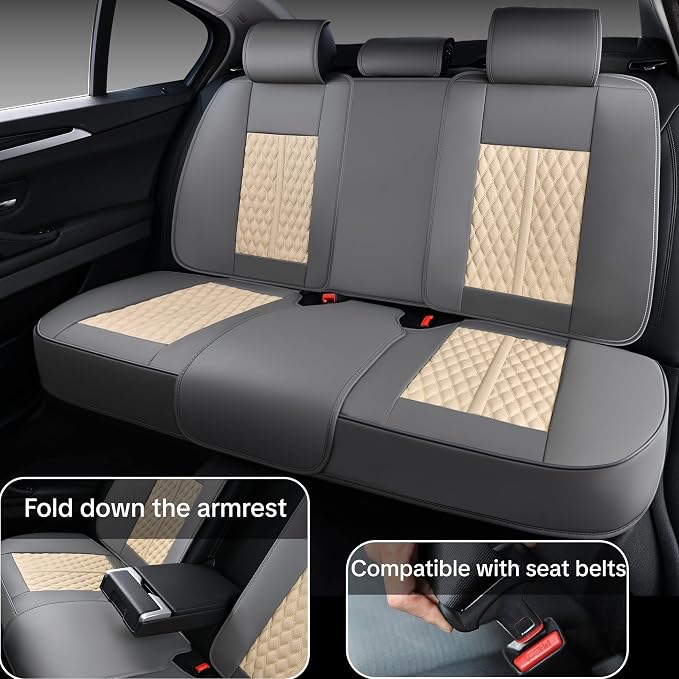 Khaki Car Seat Cover Complete Set, Universal Car Seat Cover for Car with Lumbar Support, Premium Artificial Leather, Waterproof and Easy to Clean, Airbag Compatible, Seat Heating Compatible