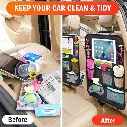 Car Backseat Organizer ，2 Pack Car Organizer Back Seat with 11" Tablet Holder, 10 Storage Pockets Seat Back Protectors Kick Mats for Kids Toddlers, Travel Accessories (Black)