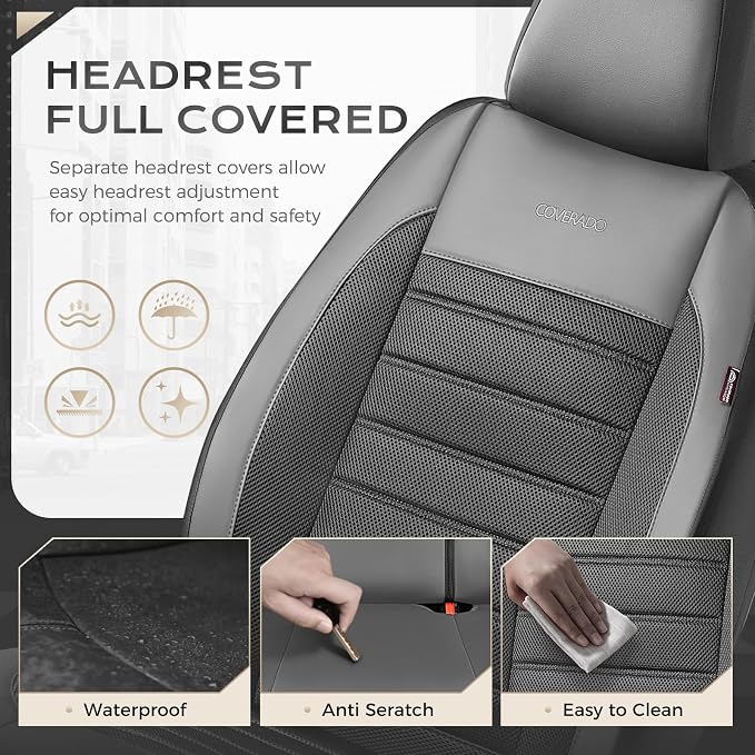 Coverado Car Seat Covers Full Set, Luxury Leather Car Seat Protector, Automotive Front and Rear Mesh Seat Covers, Full Set 5 Seats, Black Gray Seat Cushion for SUV Sedan Truck