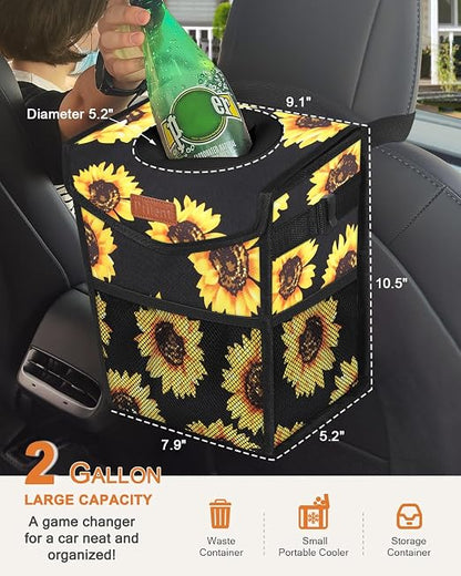 Pritent Car Trash Can with Lid, Cute Leakproof Car Trash Garbage Bag Hanging Vehicle Trash Bin Small Portable Automotive Garbage Cans Organizer for Back/Front Seat(Trapezoid,Black Sunflower
