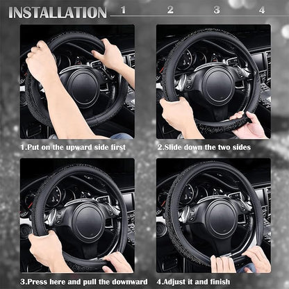 CAR PASS Bling Diamond Leather Steering Wheel Cover, With Sparkly Crystal Glitter Rhinestones Universal Fit 14"1/2-15" Car Wheel Protector for Women Girl Fit Suvs,Vans,Sedans,Car,Trucks, Black Diamond