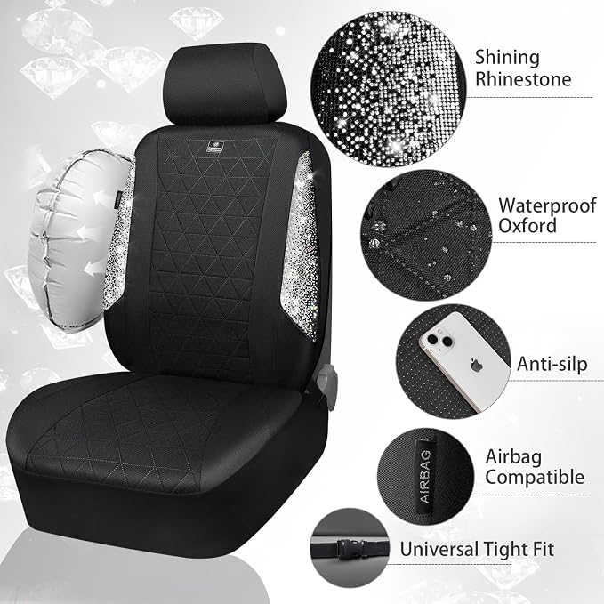 CAR PASS Oxford Bling Diamond Car Seat Covers 2 Front Interior Sets, Waterproof Shining Glitter Sparkly Crystal Universal Armrest Fit 95% Automotive Truck SUV Cute Women Girl, Black Silver Rhinestone