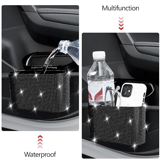 NBTEPEM Bling Car Trash Can with Lid - 2 Pack, Mini Auto Garbage Can with 60 Trash Bags, Automotive Garbage Container Bin, Bling Car Accessories Trash Can for Women (Black Diamond)