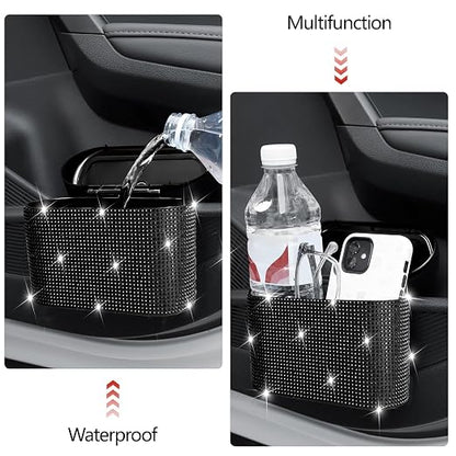NBTEPEM Bling Car Trash Can with Lid - 2 Pack, Mini Auto Garbage Can with 60 Trash Bags, Automotive Garbage Container Bin, Bling Car Accessories Trash Can for Women (Black Diamond)