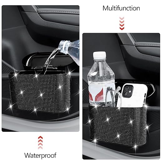 NBTEPEM Bling Car Trash Can with Lid, Mini Auto Garbage Can with 30 Trash Bags, Leakproof Automotive Garbage Container Bin, Bling Car Accessories Trash Can for Women (Black Diamond)