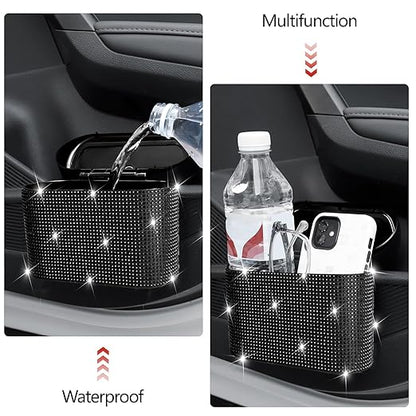 NBTEPEM Bling Car Trash Can with Lid, Mini Auto Garbage Can with 30 Trash Bags, Leakproof Automotive Garbage Container Bin, Bling Car Accessories Trash Can for Women (Black Diamond)