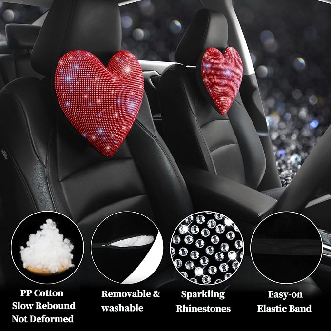 Neck Pillow Neck Rest for Car Headrest Support Neck Support Relax Travel Bling Bling Rhinestones Car Interior Accessories Diamond Pillow for Women Two Packs Universal Fit Red 2 Pieces