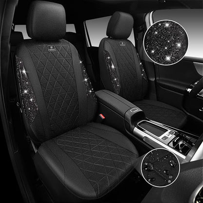 CAR PASS Oxford Bling Diamond Car Seat Covers Full Set Interior Sets, Waterproof Shining Glitter Sparkly Crystal Universal Armrest Fit 95% Automotive Truck SUV Cute Women Girl, All Black Rhinestone