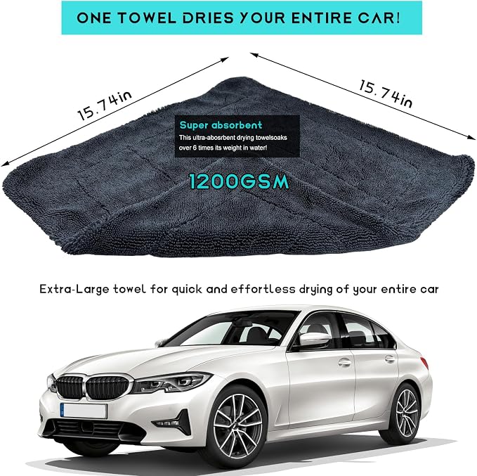 Microfiber Towels for Cars, 15.7"x15.7" 1200 GSM Ultra Thick Soft Car Detailing Drying Towel, Super Absorbent Double Twisted Loop Cloth Cleaning Towel for Car Truck SUV