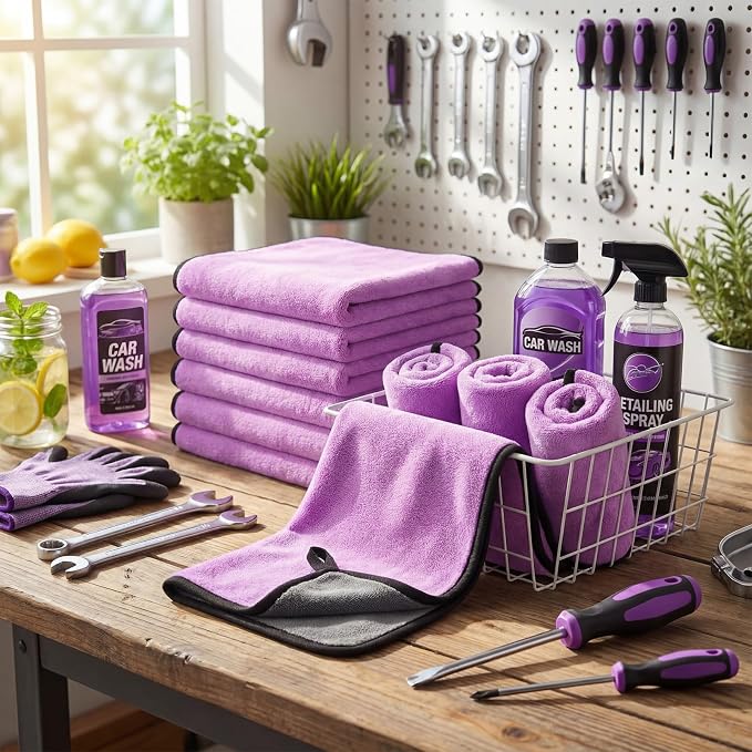 Nuenen 20 Pcs Microfiber Car Drying Towels Microfiber Cleaning Cloth 800 GSM Thick Plush Cleaning Dusting Cloth Auto Detailing Absorbent Towels Rags for Car Household Kitchen Window(Grey and Purple)