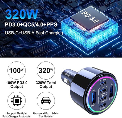 320W USB C Car Charger, 6 Ports Type C Car Charger, PD3.0/QC4.0/PPS Super Fast Charging for iPhone 17/16/15 Series, Galaxy S25/S24/23, iPad, MacBook Pro/Air, Laptop (Black)