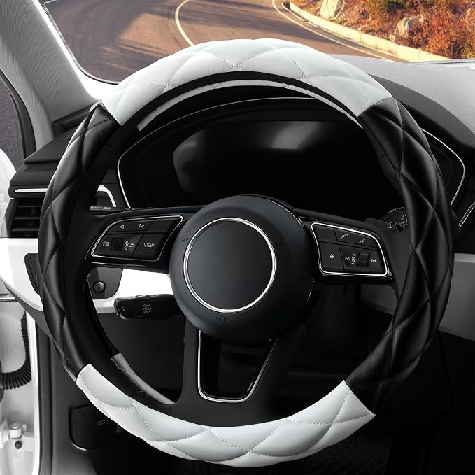 YHONGJT Cute Soft Microfiber Leather Anti-Slip Steering Wheel Cover, Universal 15 Inch for Women Girls, Fit Vehicles, Sedans, SUVs, Vans, Trucks - Black and White