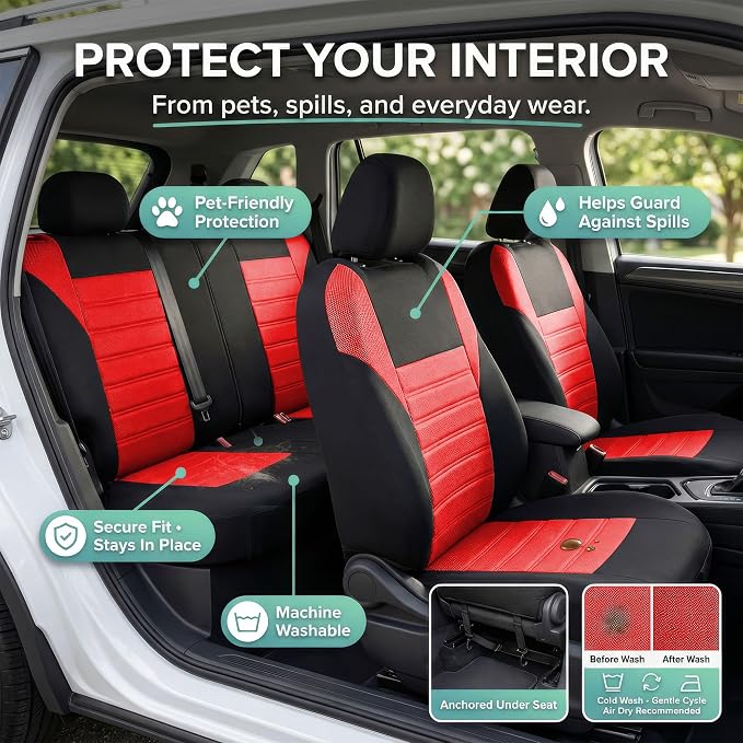 FH Group Automotive Car Seat Covers Full Set Premium 3D Air Mesh Front Seat Covers, Airbag Compatible & Split Bench Cover Universal Fit Interior Accessories for Cars Trucks and SUVs - Red