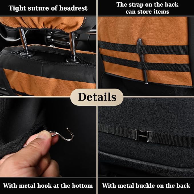 Coverado Car Seat Covers Front, Canvas Universal Seat Covers for Cars, 2-Pack Car Seat Cushions, Auto Seats Protectors for Kids & Dogs, Driver Seat Covers Fit for Most Vehicles Trucks SUVs/Khaki