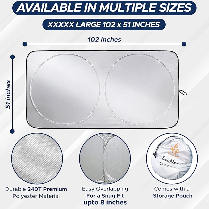 EcoNour RV Windshield Sunshade | Reflective RV Windshield Cover for UV Rays & Heat Protection, Keeps Your RV Motorhome Cool | Shades for RV Fits RVs, Trucks, Motorhomes, Buses | XXXXX-Large 102"x51"