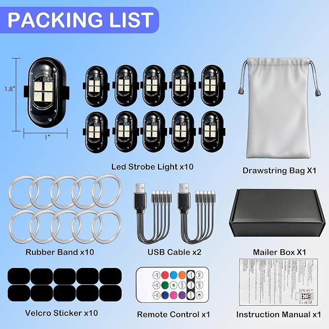 Wireless LED Lights for Car 10 Pack Remote Strobe Warning Waterproof | USB C charging, adjustable 8 colors & 10 strobe flash modes, anti-collision, fits car, truck, motorcycle, bike, drone