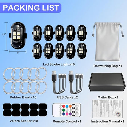 Wireless LED Lights for Car 10 Pack Remote Strobe Warning Waterproof | USB C charging, adjustable 8 colors & 10 strobe flash modes, anti-collision, fits car, truck, motorcycle, bike, drone