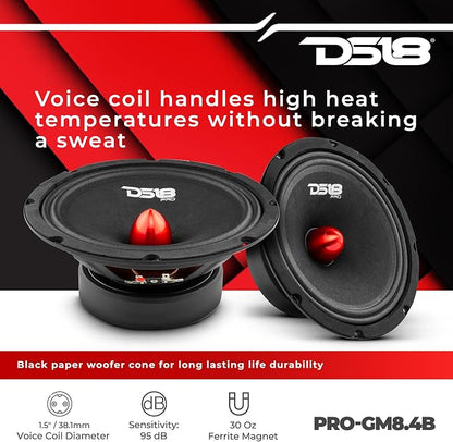 DS18 PRO-GM8.4B Loudspeaker - 8", Midrange, Red Aluminum Bullet, 580W Max, 4 Ohms,1.5" Kapton VC, Premium Quality Audio Door Speakers for Car or Truck Stereo Sound System (1 Speaker)