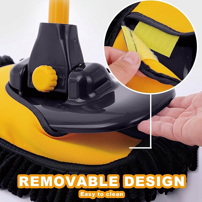 Car Wash Mop with Long Handle 15° Curved Extension Microfiber Scratch-Free Car Wash Brush with 1300GSM Thickened Drying Towel & Soft Bristle Tire Brush Complete Car Wash Kit (Yellow & Black)