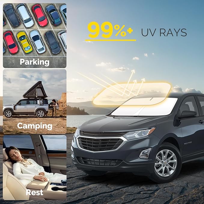 Car Windshield Sun Shade Compatible with 2018 2019 2020 2021 2022 2023 2024 2025 2026 Chevy Equinox Accessories Windshield Cover Foldable Front Window Sunshade Custom Sun Visor Blocks UV Rays