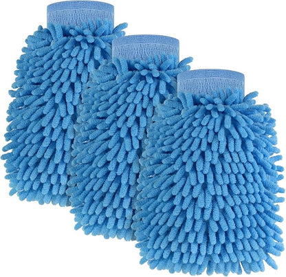 3 Pack Chenille Microfiber Car Wash Mitt, 7" x 9.6" Car Washing Mitts, Home Dusting Gloves, Scratch Free Lint-Free, Highly Absorbent, Double Sided, for Cleaning Detailing Polish (Blue)