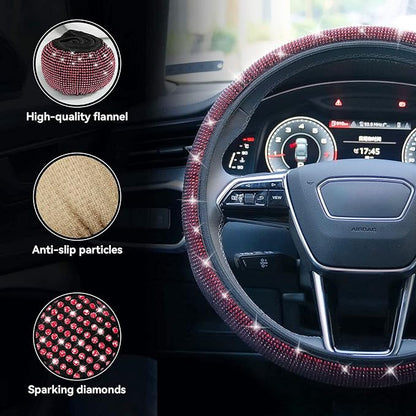 Bling Steering Wheel Cover, Rhinestone Steering Wheel Cover with Crystal Diamond for Women, Sparkling Car Wheel Protector Universal Fit 14-15 inches - Red