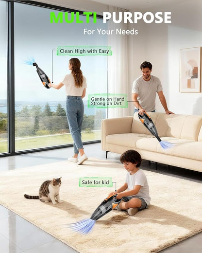 Handheld Vacuum Cordless, Rechargeable Car Vacuum Cleaner with Multiple Attachments, Portable Hand Held Vacuum Suction Power, Mini Vacuum for Car, Home, Pet Hair, Office, Desk, Keyboards Black Orange