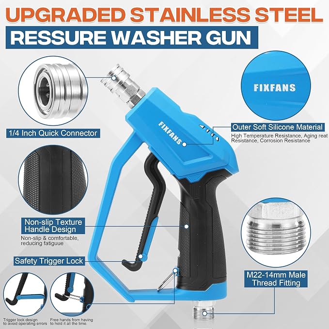 FIXFANS Pressure Washer Gun with Mini Foam Cannon, Dual Connector Accessory, Car Wash Foam Gun Kit - No-Dilution Foam Cannon Pro 100ML, 5 Power Washer Nozzle Tips & M22 Adapter, 1/4" Quick Connect