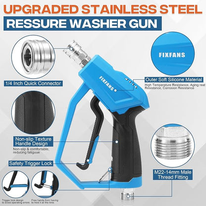 FIXFANS Pressure Washer Gun with Mini Foam Cannon, Dual Connector Accessory, Car Wash Foam Gun Kit - No-Dilution Foam Cannon Pro 100ML, 5 Power Washer Nozzle Tips & M22 Adapter, 1/4" Quick Connect