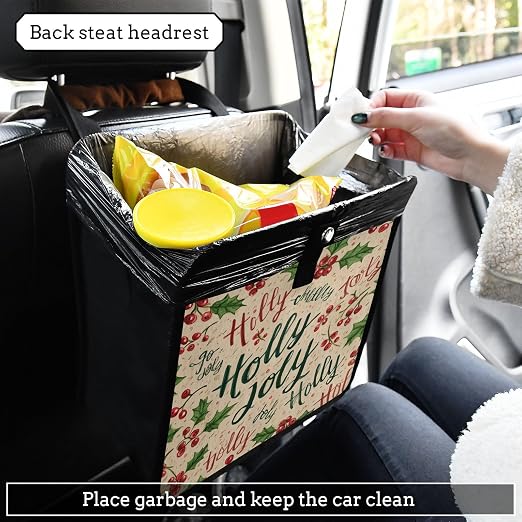 Car Trash Can Organizer Bin with Adjustable Strap for Back Front Seat Console Waterproof Leakproof Collapsible Portable 8.66 Inch Beige Cherries Holly Jolly